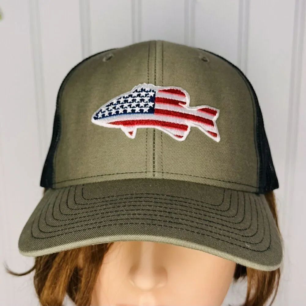 FISH Shaped USA Flag Fishing Patch Richardson 112 Trucker Hat Cap Snapback